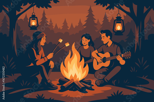 Friends enjoying a campfire while roasting marshmallows and playing guitar at night in the forest