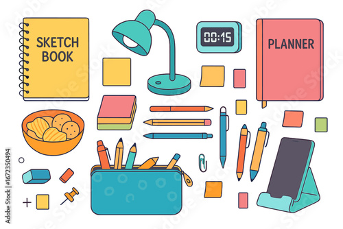Vector illustration of colorful workspace essentials with sketchbook, planner, stationery, sticky notes, and lamp