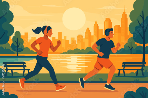 Morning jogging session in a city park with a vibrant skyline during sunrise