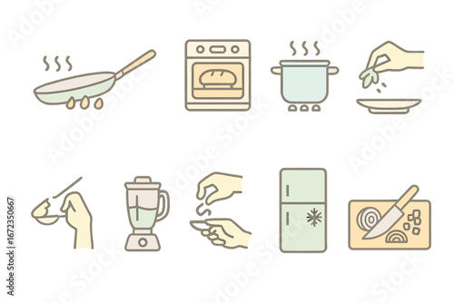 Cooking preparation steps with kitchen utensils and ingredients for a delicious meal