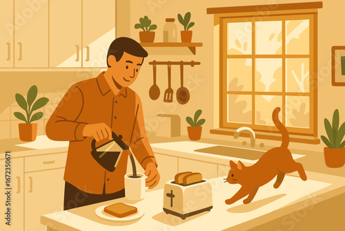 Preparing breakfast in a cozy kitchen with a cat enjoying the morning