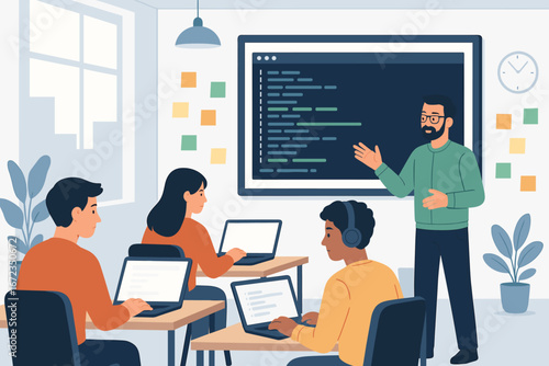 Students engaged in a coding class with an instructor explaining concepts in a bright classroom environment