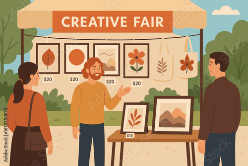 Creative fair displays local art and crafts with vendors showcasing unique designs outdoors in a park setting