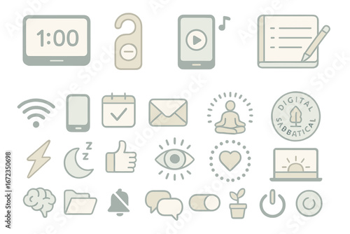 Minimalist digital wellness and productivity icons on muted gray gradient background, featuring 1:00 timer, do not disturb sign, smartphone with play button, journaling notebook, wifi