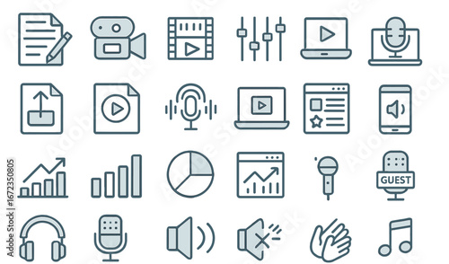 Collection of media and audio visual icons representing various digital content creation activities and tools used in 2023