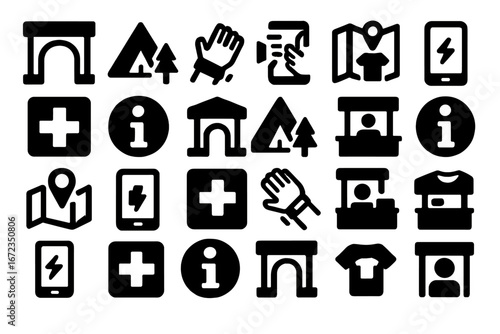 Icons representing outdoor activities, information centers, and services for camping enthusiasts in a vibrant, playful style