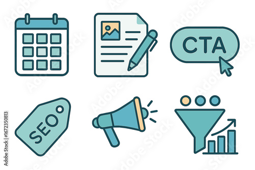 Blue gradient digital marketing and SEO icons set including content calendar, blog post draft, call-to-action button, SEO tag, campaign megaphone, and sales conversion funnel with growth chart
