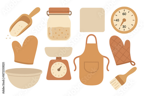 Cozy baking tools illustration with measuring scoop, jar, kitchen scale, mixing bowl, aprons, oven mitts, pastry brush, and timer on warm brown gradient background