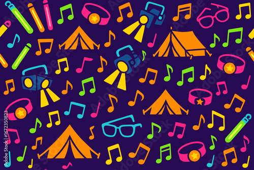 Bright seamless festival pattern with colorful tents, music notes, glow sticks, stage lights, wristbands, and sunglasses on dark background