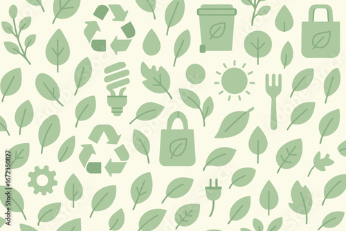 Green elements symbolizing sustainability and eco-friendly practices in a vibrant pattern design within a natural theme