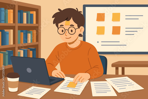 Student Working in Library Illustration with Laptop, Papers, Sticky Notes, Coffee Cup, and Bookshelves in Warm Academic Setting