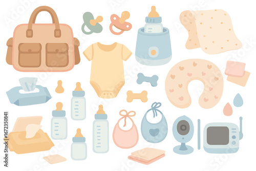 Essential baby items for new parents featuring bottles, pacifiers, and care accessories