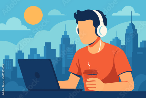 Young man working on a laptop outdoors while enjoying a coffee in a vibrant urban skyline during the day