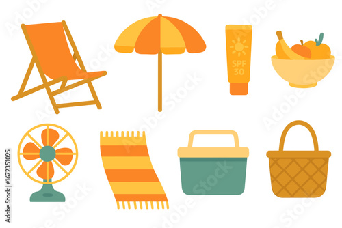 Summer beach essentials displayed including a chair, umbrella, sunscreen, and fruit bowl for a relaxing day by the sea