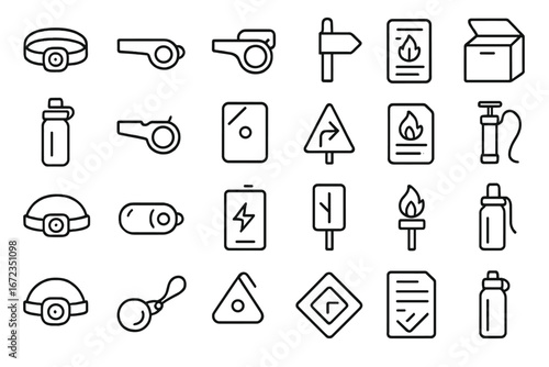 Icons representing safety equipment and tools for emergency preparedness in various scenarios and settings