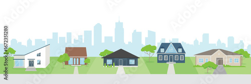 Minimalist illustration of a suburban house with a tree and sky suitable for banners and advertisements
