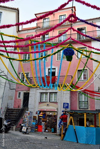 Typical decorations of the Festas de Lisboa, especially the celebrations in honor of Saint Anthony, the patron saint of the city of Lisbon, Portugal	
