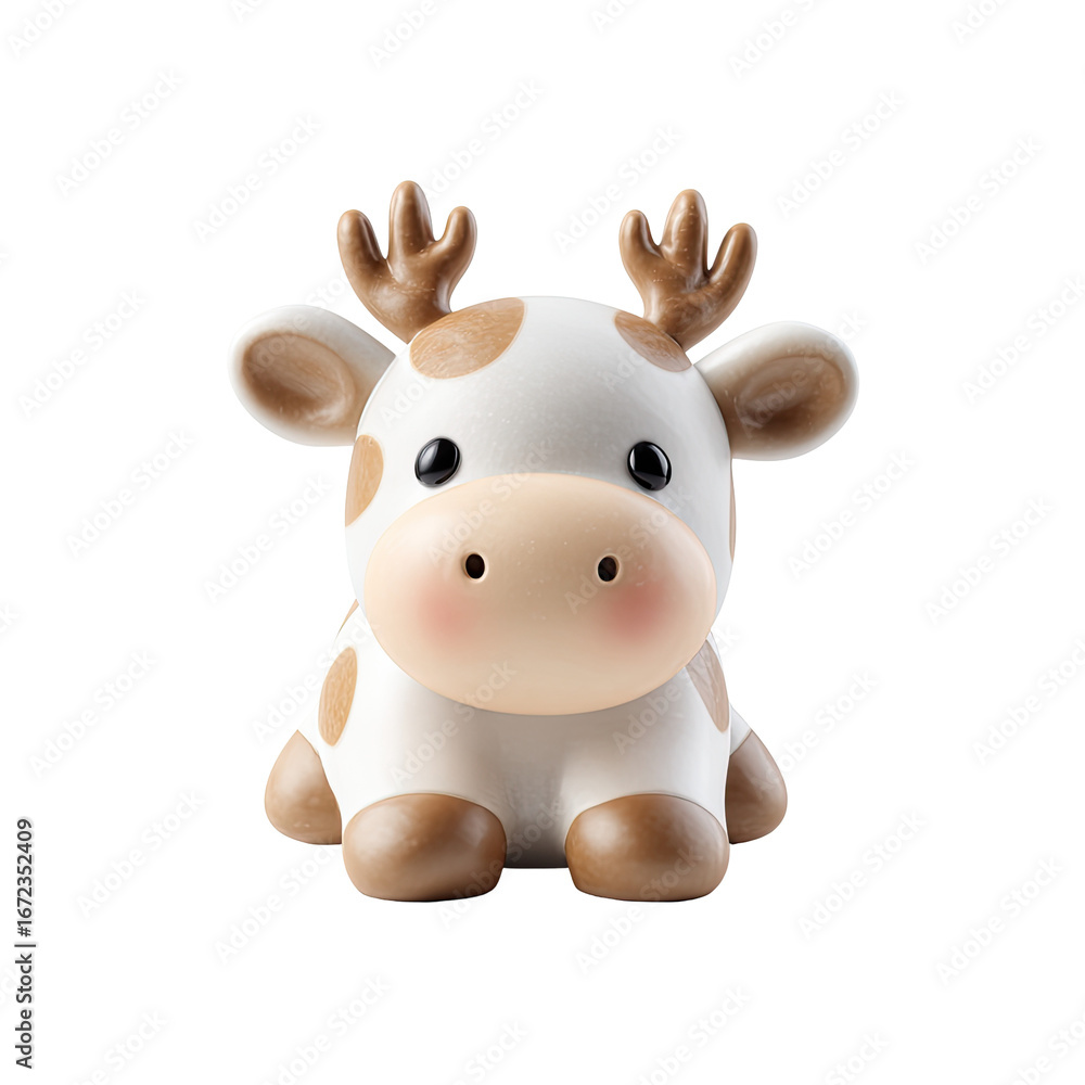 Fototapeta premium Adorable cartoon cow with antlers. Cute, white and brown animal with large eyes