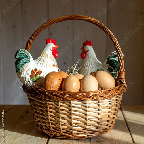 Easter basket with eggs and chickens