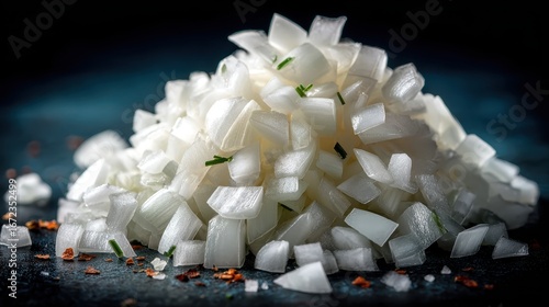 Chopped White Onions on Dark Surface with Touch of Condiments
