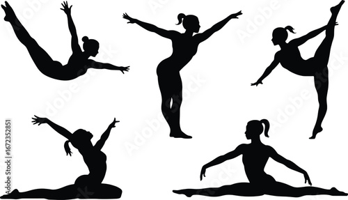 Silhouettes of gymnasts performing various graceful poses showcasing flexibility and strength