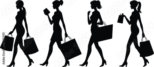 Four silhouettes of fashionable women with shopping bags on a clean