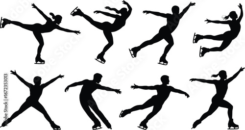 Dynamic figure skating silhouettes capturing graceful jumps and spins on ice