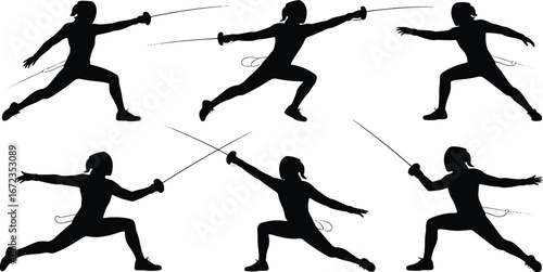 Dynamic fencing silhouettes six athletes in action posing with swords for sports competitions