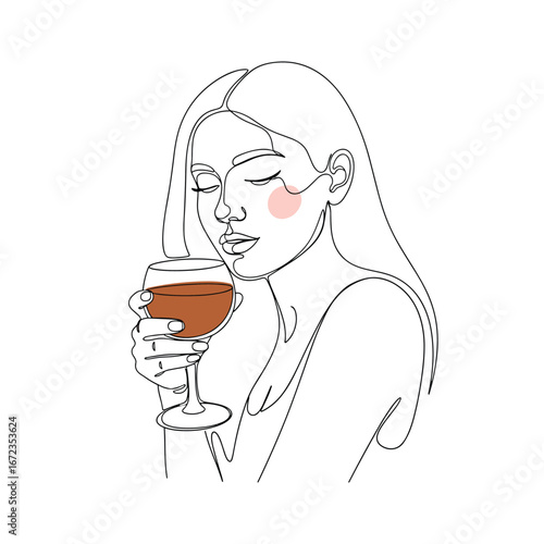 Elegant woman enjoying a refreshing drink with a touch of blush on her cheek