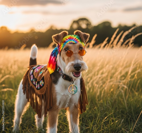 A stylish hippie fox terrier dressed in a festival outfit