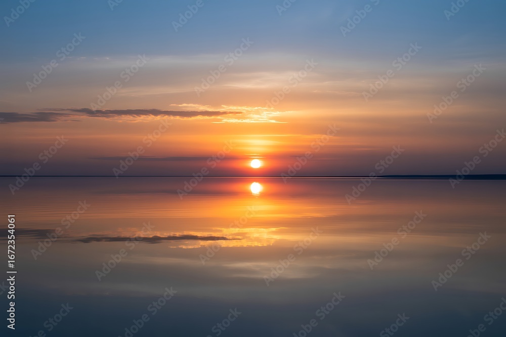 Fototapeta premium Sun Setting Over Calm Water Reflecting Orange and Blue Sky with Clouds sunset setting sun