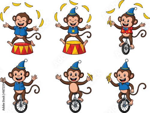 PrintCircus monkeys performing tricks, juggling bananas, riding unicycles, wearing colorful hats and costumes, smiling cartoon characters, playful fun circus animals.