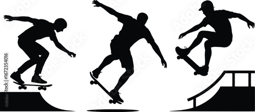Dynamic silhouettes of skateboarders performing tricks on ramps action sports