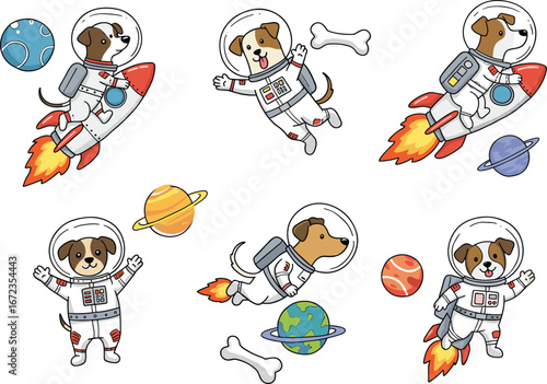 PrintCute cartoon astronaut dogs floating and riding rockets in colorful outer space with planets, bones, balls, fun children’s space illustration