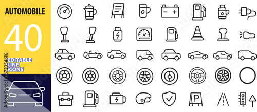 Automobile Icons Set of Forty Editable Line Icons for Automotive Industry and Transportation Design Projects Vector