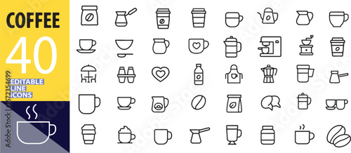 Coffee Icons Collection Forty Editable Line Icons Representing Various Coffee Related Objects and Tools in Simple Outline Style
