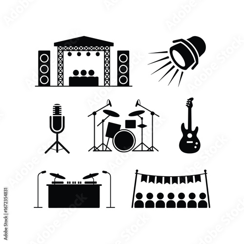 Collection of musical performance stage equipment and instruments