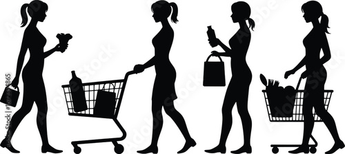 Silhouettes of women shopping in a supermarket with grocery carts full of items