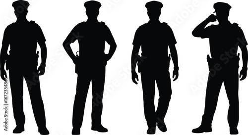 Four silhouette male police officers standing in uniform with different poses for security and law enforcement