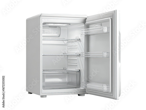 White mini fridge open, showcasing interior