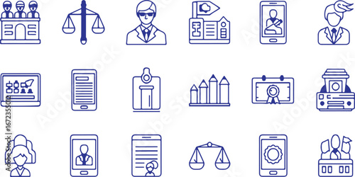 Blue business and law icons on white background vector