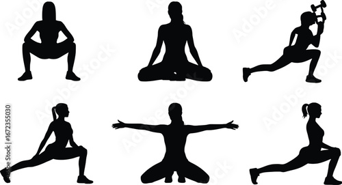 Diverse silhouettes of people engaging in yoga and fitness poses for healthy lifestyle