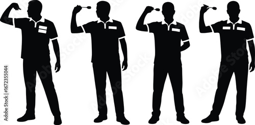 Four silhouette male figures playing darts posing with focus and determination winning game