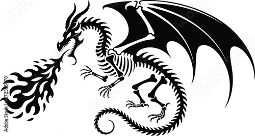 Fiery skeleton dragon breathing flames mythological creature fierce fantasy beast roaring