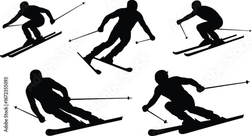 Dynamic skiing silhouettes five athletic figures in action capturing winter sport momentum