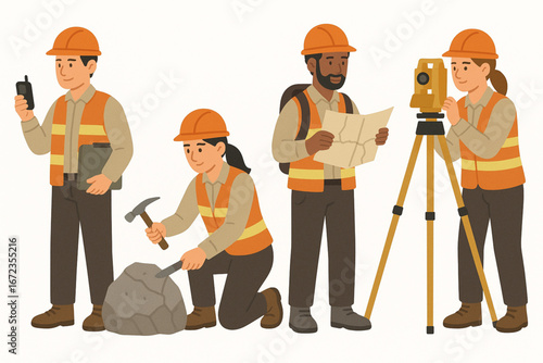 Flat Vector Illustration of Geologist Characters Using Tools and Equipment
