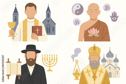 Flat Vector Editorial Panels of Religious Leaders in Minimal Pastel Style