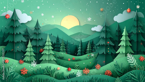 Peaceful nature in paper cut art. Paper cut forest with scenic backdrop. Winter forest with snow and stars. Paper forest in green, peaceful view. Magical winter forest with stars