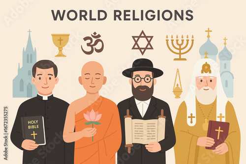 Flat Vector Illustration of World Religions with Leaders and Cultural Symbols