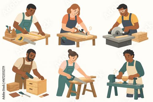 Flat Vector Illustration Set of Carpentry and Woodworking Scenes with Diverse Workers